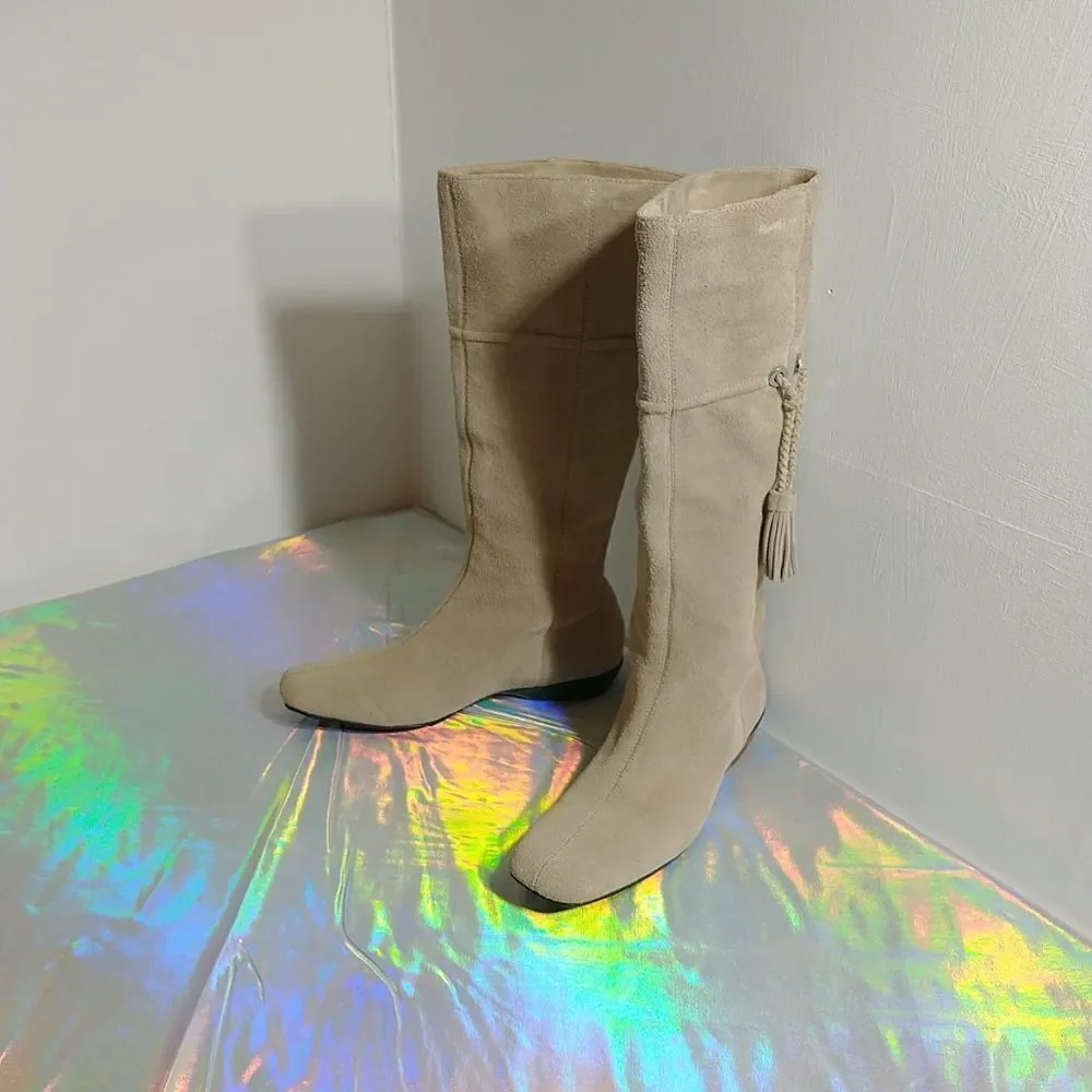 Cole Haan Womens SZ 5B Beige Suede Pull Up Mid Calf Boots.